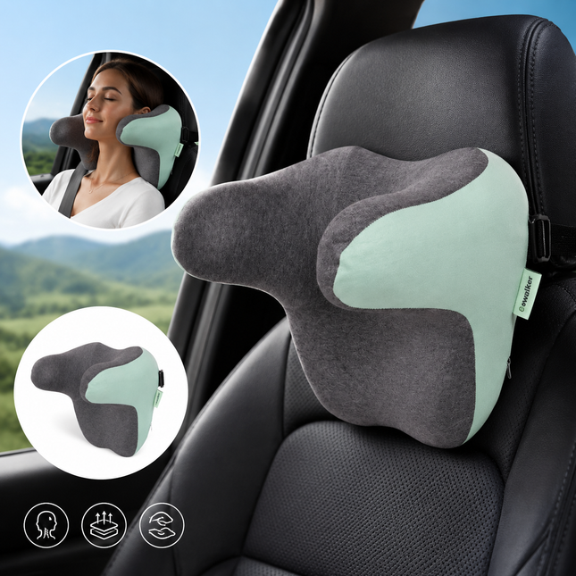 Ergonomic Car Neck Pillow Memory Foam Headrest Cushion (Grey Mint Green) Adjustable Strap Breathable Neck – product detail