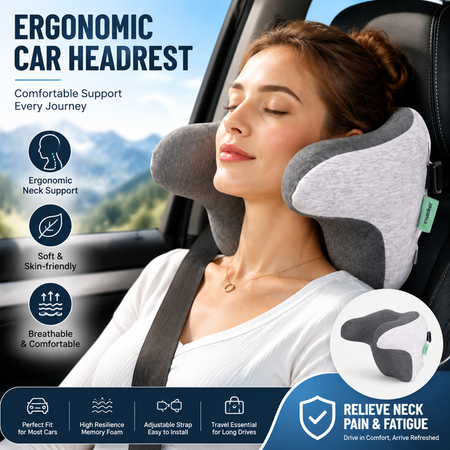 Ergonomic Car Neck Pillow Memory Foam Headrest Cushion (Grey) Adjustable Strap Breathable Neck Support Car