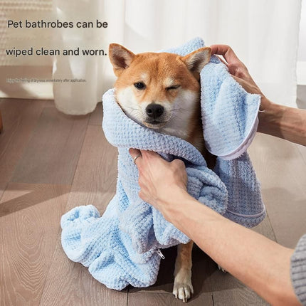 Pet Wearable Bathrobe Towel (Size M) - Quick-drying, absorbent full-body cover with hood and zipper, suitable for dog and cat grooming