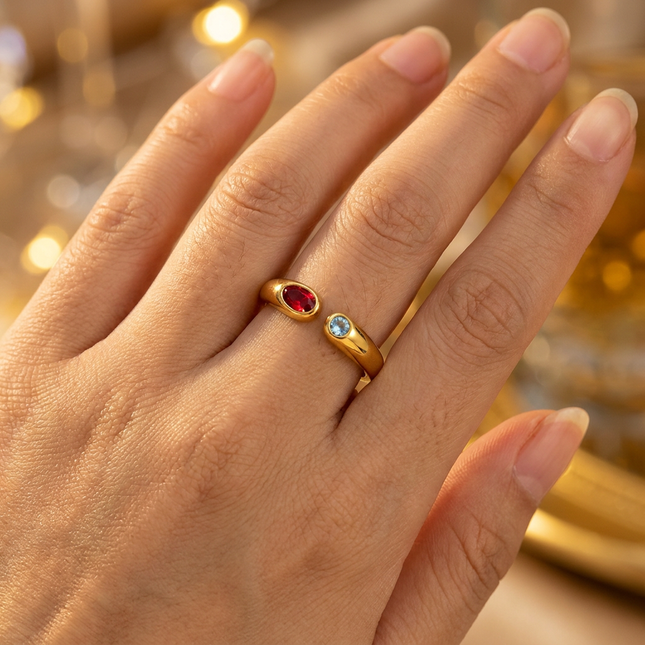 Adjustable Birthstone(January) Open Ring Set 18K Gold Plated Stainless Steel Minimalist Dainty – product detail