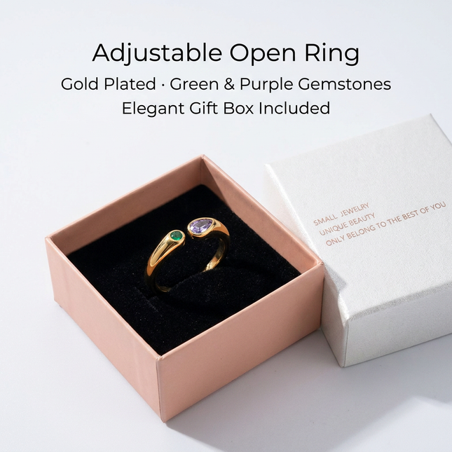 Adjustable Birthstone(February) Open Ring Set 18K Gold Plated Stainless Steel Minimalist Dainty