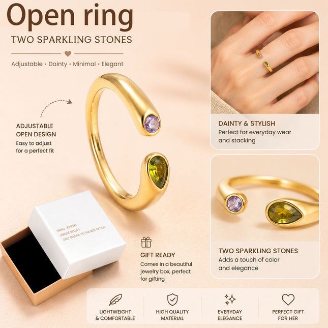 Adjustable Birthstone(August) Open Ring Set 18K Gold Plated Stainless Steel Minimalist Dainty