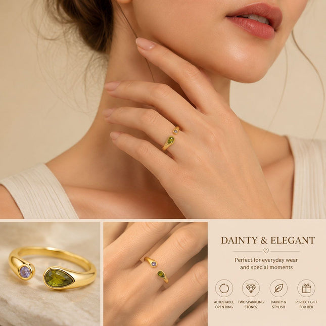 Adjustable Birthstone(August) Open Ring Set 18K Gold Plated Stainless Steel Minimalist Dainty – product detail
