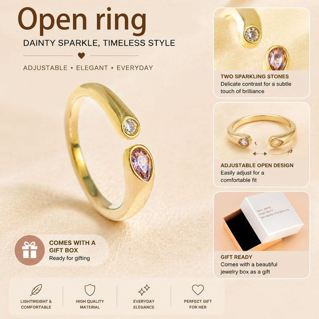 Adjustable Birthstone(October) Open Ring Set 18K Gold Plated Stainless Steel Minimalist Dainty