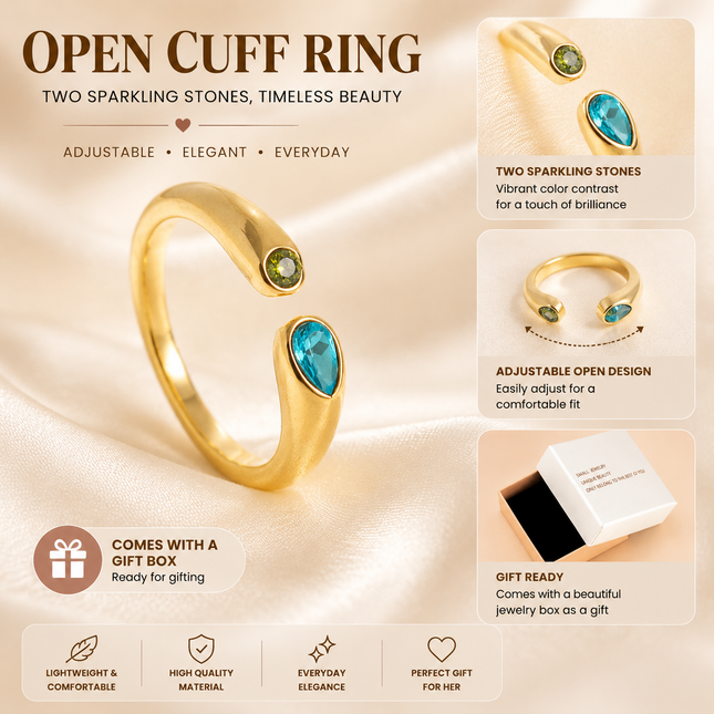 Adjustable Birthstone(December) Open Ring Set 18K Gold Plated Stainless Steel Minimalist Dainty