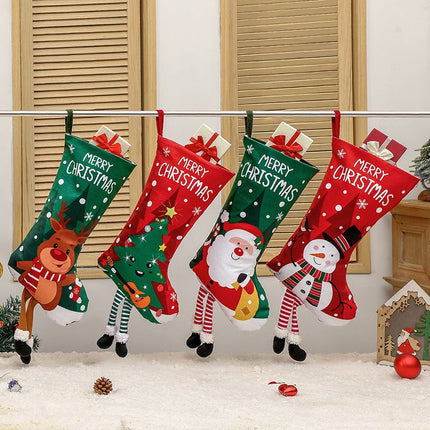 Christmas Reindeer Hanging Stocking - Festive Green Christmas Reindeer Design Hanging Sock with Dangling Legs Plush Holiday Fireplace Tree Decoration Gift Storage Bag for Home Seasonal Decor
