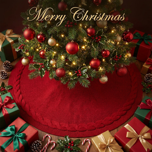 Knitted Christmas Tree Skirt 48 Inch Red Round Tree Base Cover with Cable Knit Border V888-ELOSUNG54457