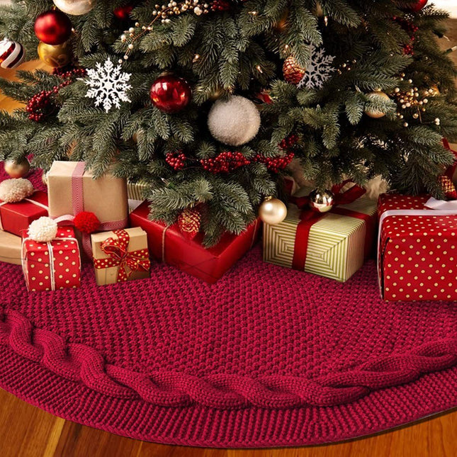 Knitted Christmas Tree Skirt 36 Inch Red Round Tree Base Cover with Cable Knit Border – product detail