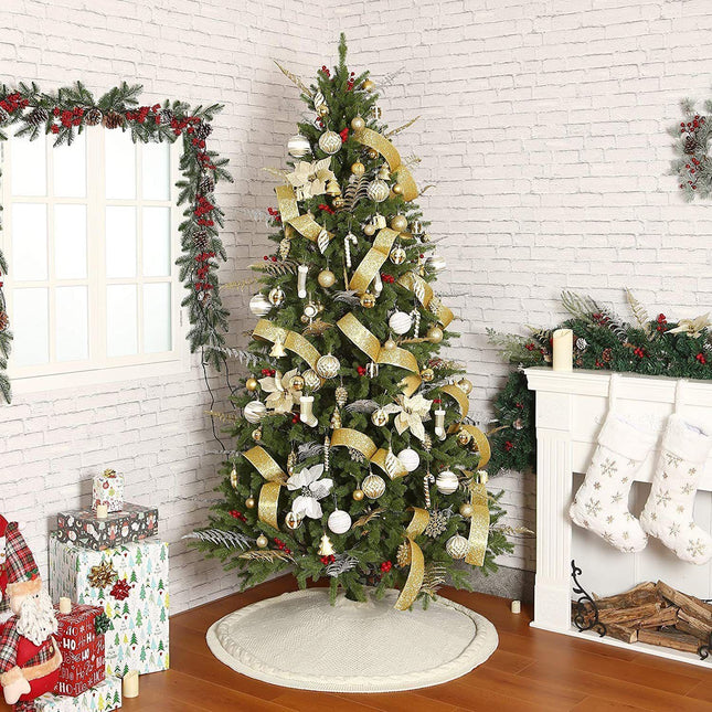 Knitted Christmas Tree Skirt 48 Inch White Round Tree Base Cover with Cable Knit Border – product detail