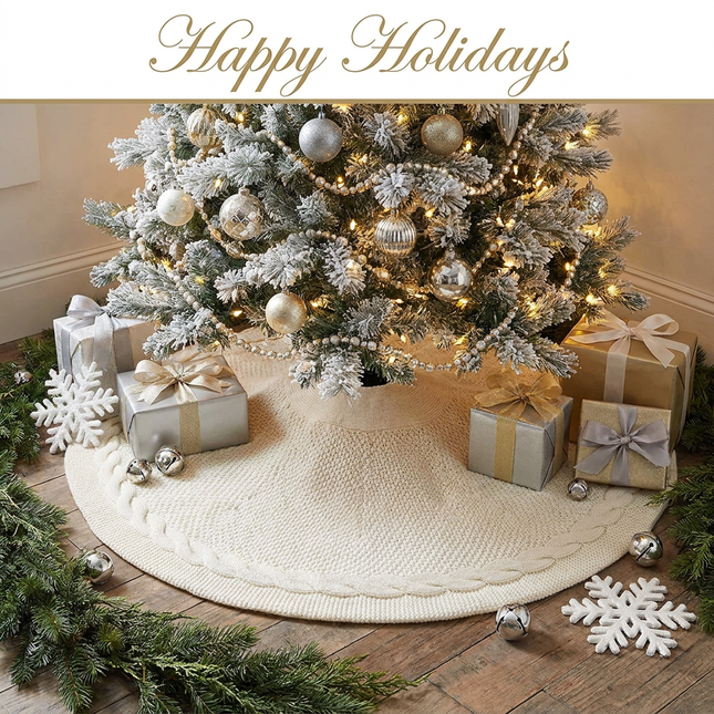 Knitted Christmas Tree Skirt 36 Inch White Round Tree Base Cover with Cable Knit Border V888-ELOSUNG54461