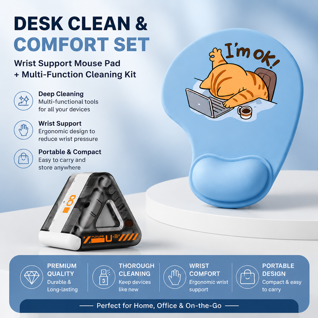 Wrist Support Mouse Pad and (Black) Desk Cleaning Kit Combo Set Ergonomic Gel Wrist Rest