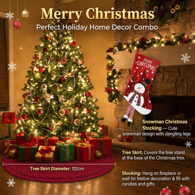 Red Christmas tree skirt and snowman pattern stocking V888-ELOSUNG54466