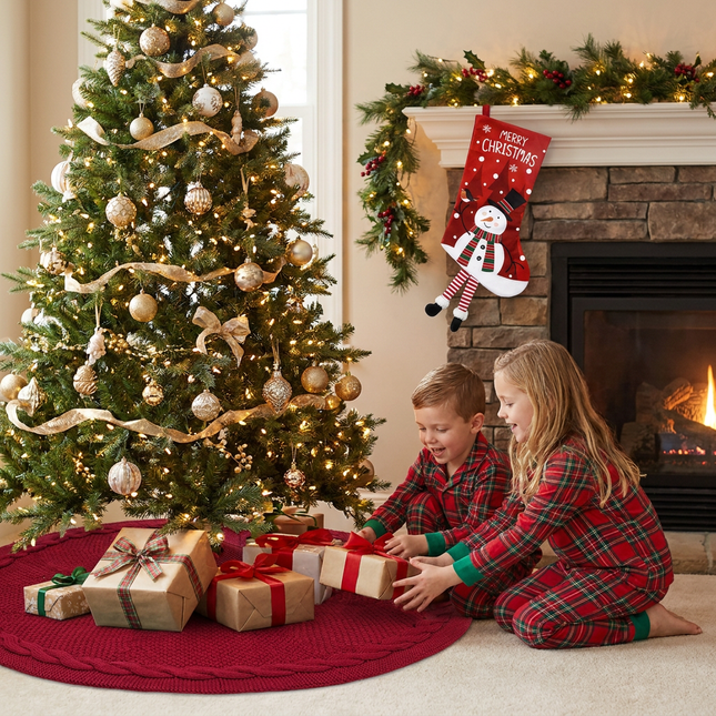 Red Christmas tree skirt and snowman pattern stocking – product detail