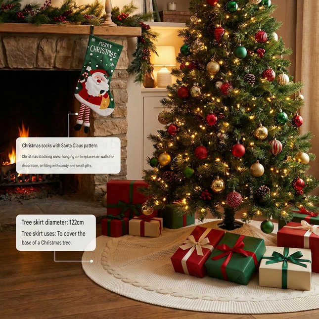 White Knitted Christmas Tree Skirt & Santa Stocking Combo Set Festive Holiday Home Decor Reusable