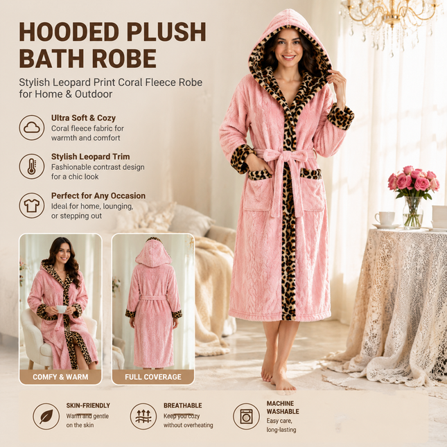Women's Pink Coral Fleece Hooded Bathrobe with Leopard Print Trim (L)- Soft Plush Wrap Robe with Pockets