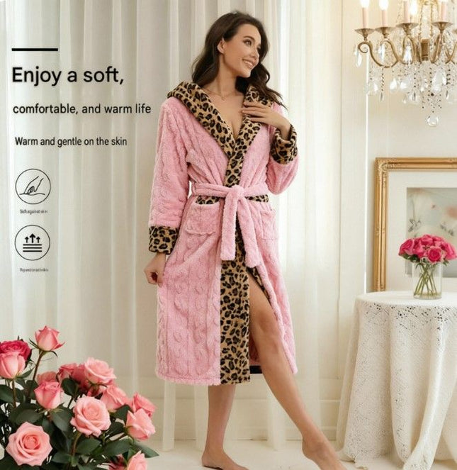 Women's Pink Coral Fleece Hooded Bathrobe with Leopard Print Trim (L)- Soft Plush Wrap Robe with Pockets – product detail