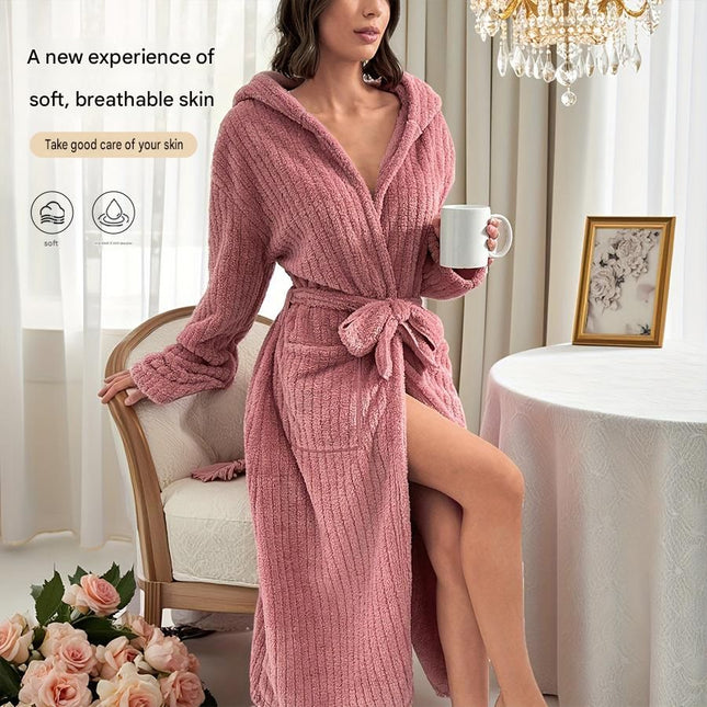 Women's Pink Coral Fleece Hooded Bathrobe (M)- Soft Plush Long Sleeve Wrap Robe with Tie – product detail