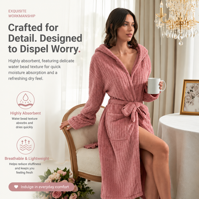 Women's Pink Coral Fleece Hooded Bathrobe (L)- Soft Plush Long Sleeve Wrap Robe with Tie