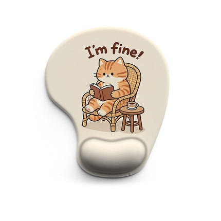 Ergonomic Gel Wrist Support Mouse Pad Pattern of a cat sitting in a chair reading a book (I'm fine!)  Soft silicone wrist rest, desktop accessory, suitable for office, home, and gaming