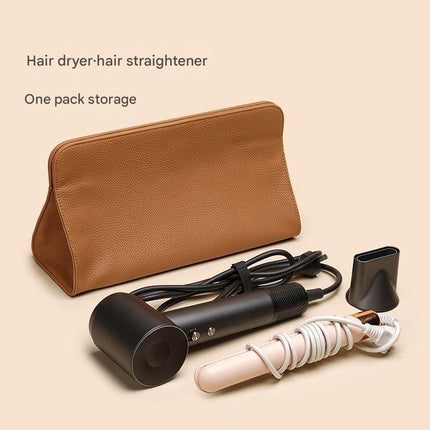 Yellow Hair Dryer Storage Bag - Faux Leather Travel Organizer with Magnetic Closure, Waterproof Heat Resistant Pouch for Straighteners Curling Irons and Styling Tools