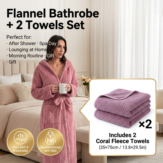 Women's Coral Fleece Hooded Bathrobe (M size) Set with 2 Pineapple Grid Towels