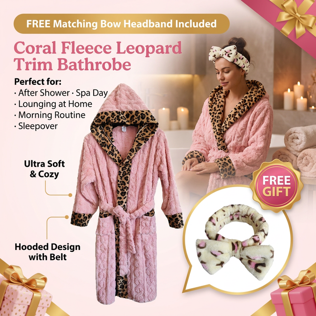 Coral Fleece Leopard Trim Bathrobe Set Bow Headband Included- Pink Hooded Plush Dressing Gown with