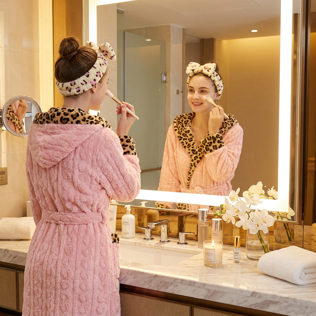 Coral Fleece Leopard Trim Bathrobe Set Bow Headband Included- Pink Hooded Plush Dressing Gown with – product detail