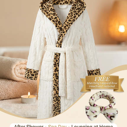 Coral Fleece Leopard Trim Bathrobe Set Bow Headband Included- White Hooded Plush Dressing Gown with Belt Ultra Soft Cozy Loungewear Spa Home Wear Gift Ready