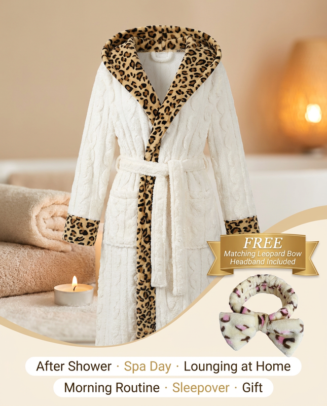 Coral Fleece Leopard Trim Bathrobe Set Bow Headband Included- White Hooded Plush Dressing Gown with