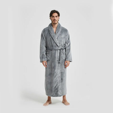 Men's Flannel Bathrobe Grey M Size - Soft Coral Fleece Hooded Kimono Collar Dressing Gown Loose Fit Warm Comfortable Loungewear Home Spa Easy Care Machine Washable