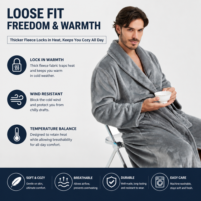 Men's Flannel Bathrobe Grey L V888-ELOSUNG54488