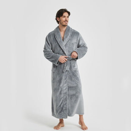 Men's Flannel Bathrobe Grey L Size - Soft Coral Fleece Hooded Kimono Collar Dressing Gown Loose Fit Warm Comfortable Loungewear Home Spa Easy Care Machine Washable