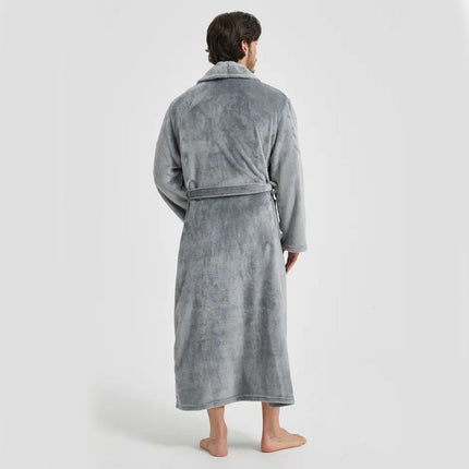 Men's Flannel Bathrobe Grey L Size - Soft Coral Fleece Hooded Kimono Collar Dressing Gown Loose Fit Warm Comfortable Loungewear Home Spa Easy Care Machine Washable
