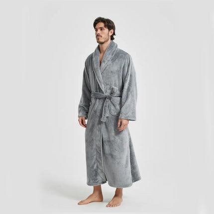 Men's Flannel Bathrobe Grey XXL Size - Soft Coral Fleece Hooded Kimono Collar Dressing Gown Loose Fit Warm Comfortable Loungewear Home Spa Easy Care Machine Washable