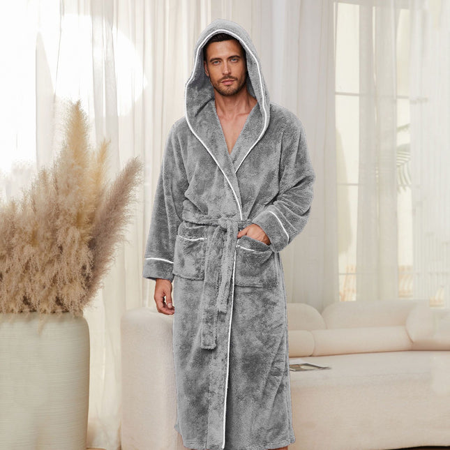 Men's Plush Fleece Hooded Bathrobe Grey M Size Shawl Collar Dressing V888-ELOSUNG54499