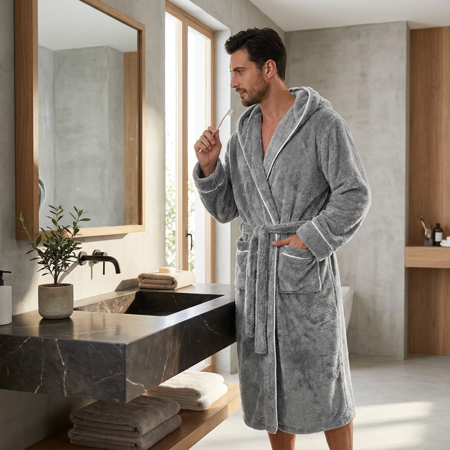 Men's Plush Fleece Hooded Bathrobe Grey L Size Shawl Collar Dressing – product detail