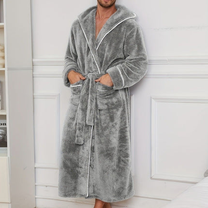 Men's Plush Fleece Hooded Bathrobe Grey L Size Shawl Collar Dressing Gown - Thick Warm Soft Winter Loungewear with Belt Deep Pockets Machine Washable Home Spa Comfort Gift Ready