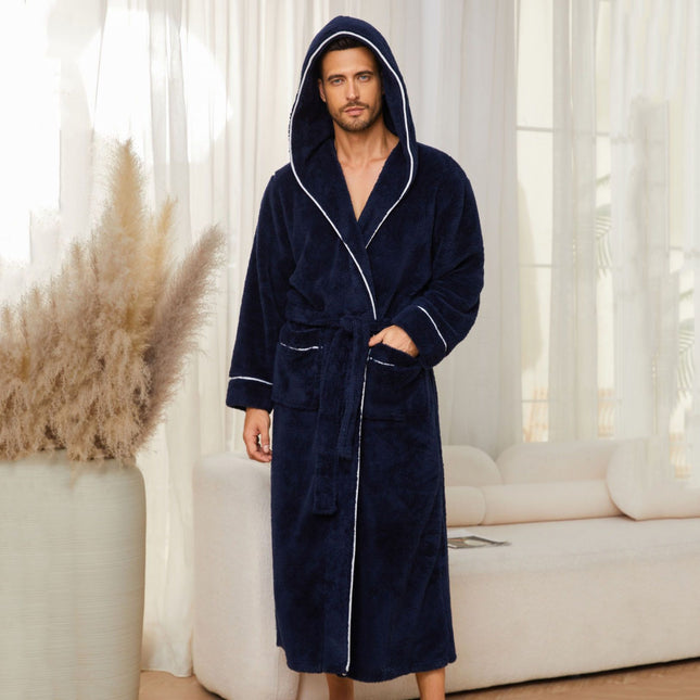 Men's Plush Fleece Hooded Bathrobe Blue M Size Shawl Collar Dressing V888-ELOSUNG54503