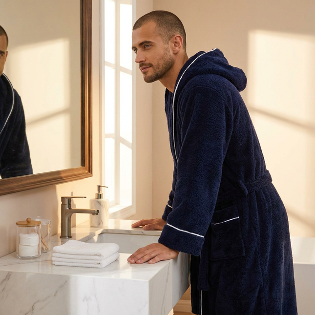 Men's Plush Fleece Hooded Bathrobe Blue L Size Shawl Collar Dressing – product detail