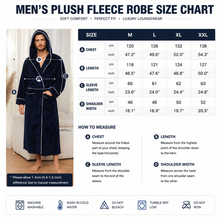 Men's Plush Fleece Hooded Bathrobe Blue XXL Size Shawl Collar Dressing Gown - Thick Warm Soft Winter Loungewear with Belt Deep Pockets Machine Washable Home Spa Comfort Gift Ready