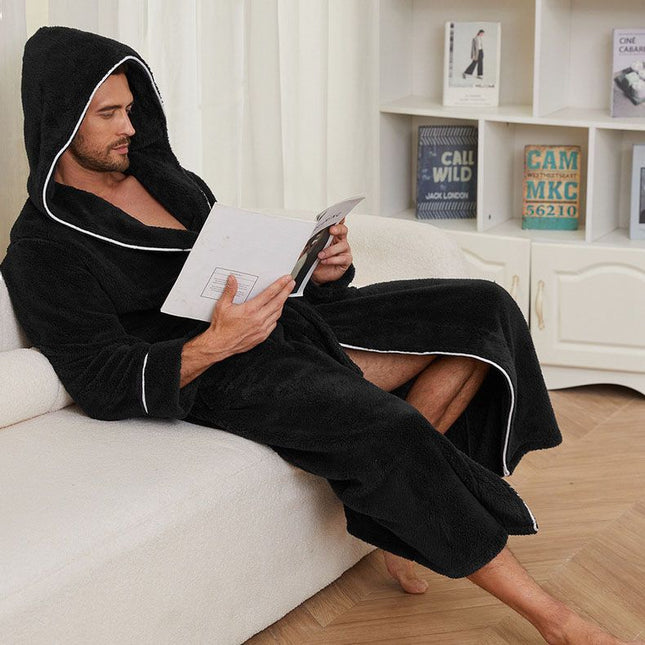 Men's Plush Fleece Hooded Bathrobe Black M Size Shawl Collar Dressing V888-ELOSUNG54507