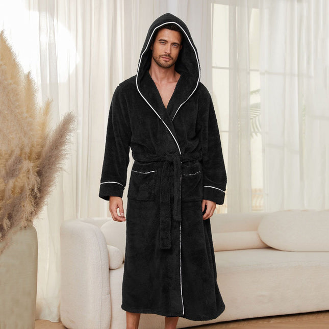 Men's Plush Fleece Hooded Bathrobe Black L Size Shawl Collar Dressing – product detail