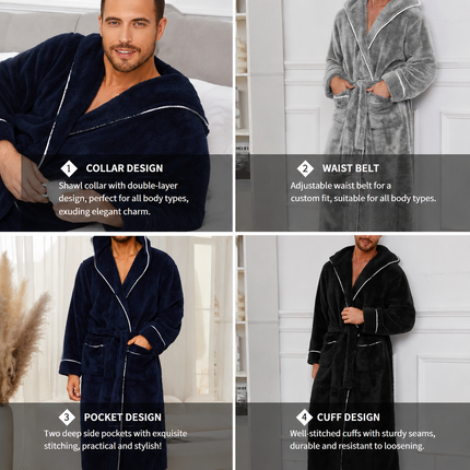 Men's Plush Fleece Hooded Bathrobe Black L Size Shawl Collar Dressing Gown - Thick Warm Soft Winter Loungewear with Belt Deep Pockets Machine Washable Home Spa Comfort Gift Ready
