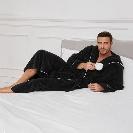 Men's Plush Fleece Hooded Bathrobe Black XXL Size Shawl Collar Dressing Gown - Thick Warm Soft Winter Loungewear with Belt Deep Pockets Machine Washable Home Spa Comfort Gift Ready