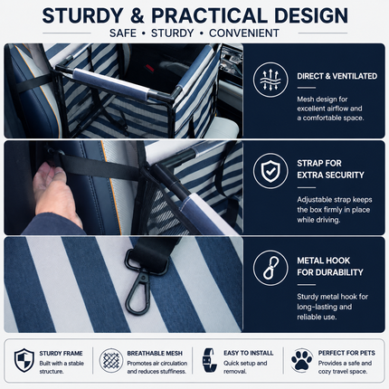 Blue Easy Install Dog Car Seat - Dark Blue Waterproof Foldable Dog & Cat Booster Seat with Breathable Mesh, Safety Strap & Reinforced Frame for Travel, Anti-Slip Portable Pet Car Bed