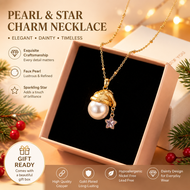 Pearl Santa Hat Star Necklace Gold Plated Dainty Christmas Pendant Necklace with Faux Pearl &