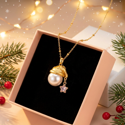 Pearl Santa Hat Star Necklace – Gold Plated Dainty Christmas Pendant Necklace with Faux Pearl & Star Charm, Includes Gift Box, Elegant Holiday Gift Jewelry for Women