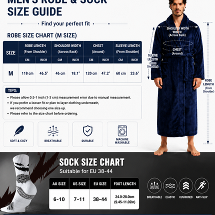 Grey Men's Winter Lounge Bundle Set - Flannel Shawl Collar Robe(M Size) with 2x White Thick Mid Calf Demon Pattern Socks, Warm Plush Homewear Set, Soft Cozy Sleepwear and Indoor Loungewear Gift for Men