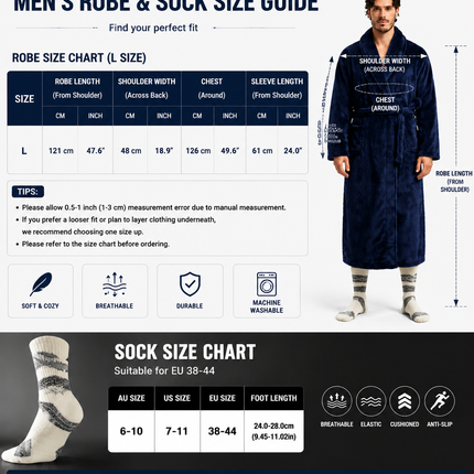 Grey Men's Winter Lounge Bundle Set - Flannel Shawl Collar Robe(L Size) with 2x White Thick Mid Calf Demon Pattern Socks, Warm Plush Homewear Set, Soft Cozy Sleepwear and Indoor Loungewear Gift for Men