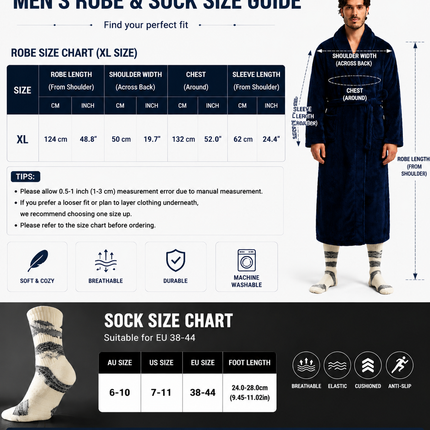 Grey Men's Winter Lounge Bundle Set - Flannel Shawl Collar Robe(XL Size) with 2x White Thick Mid Calf Demon Pattern Socks, Warm Plush Homewear Set, Soft Cozy Sleepwear and Indoor Loungewear Gift for Men